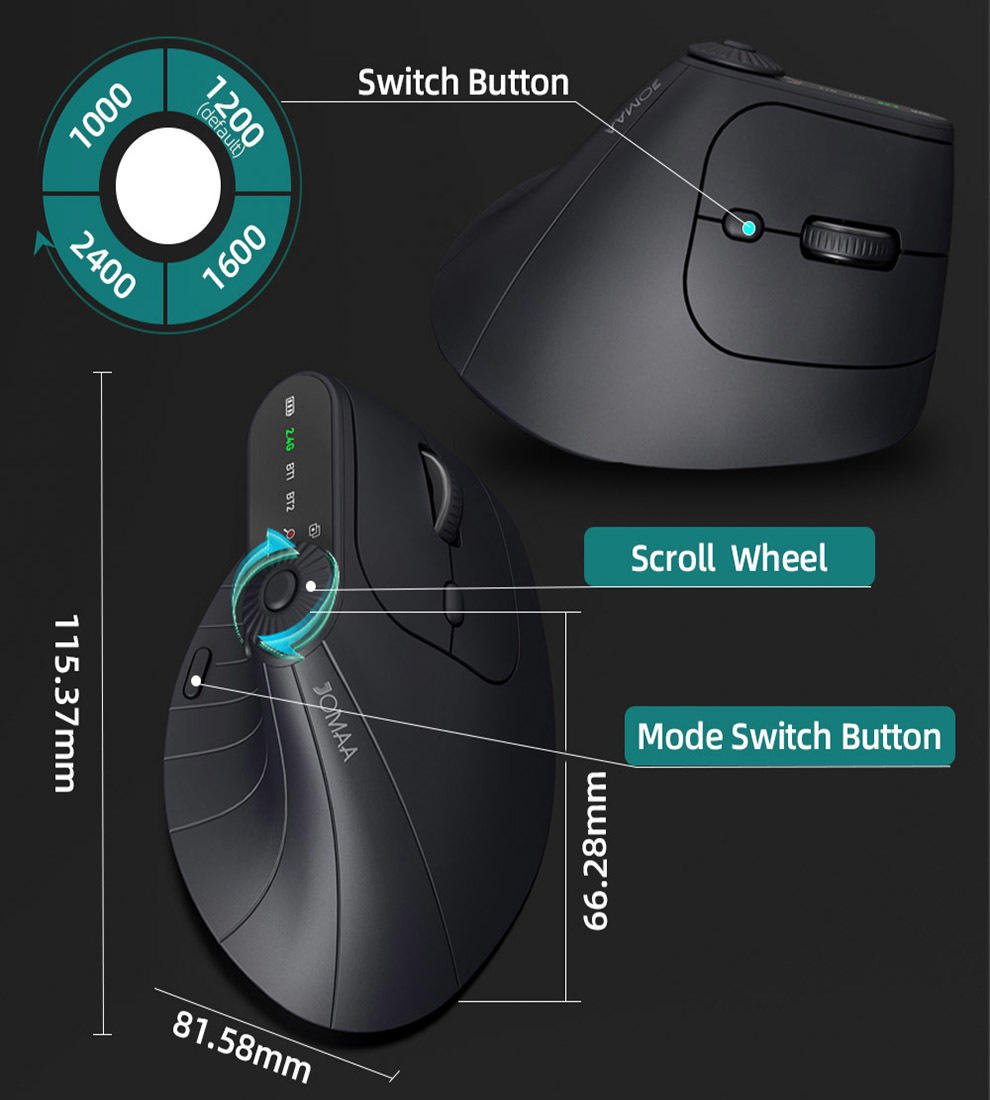 JOMAA Ergonomic Dual-Mode Wireless Mouse – 2.4G + Bluetooth, Silent Vertical Design - Image 4