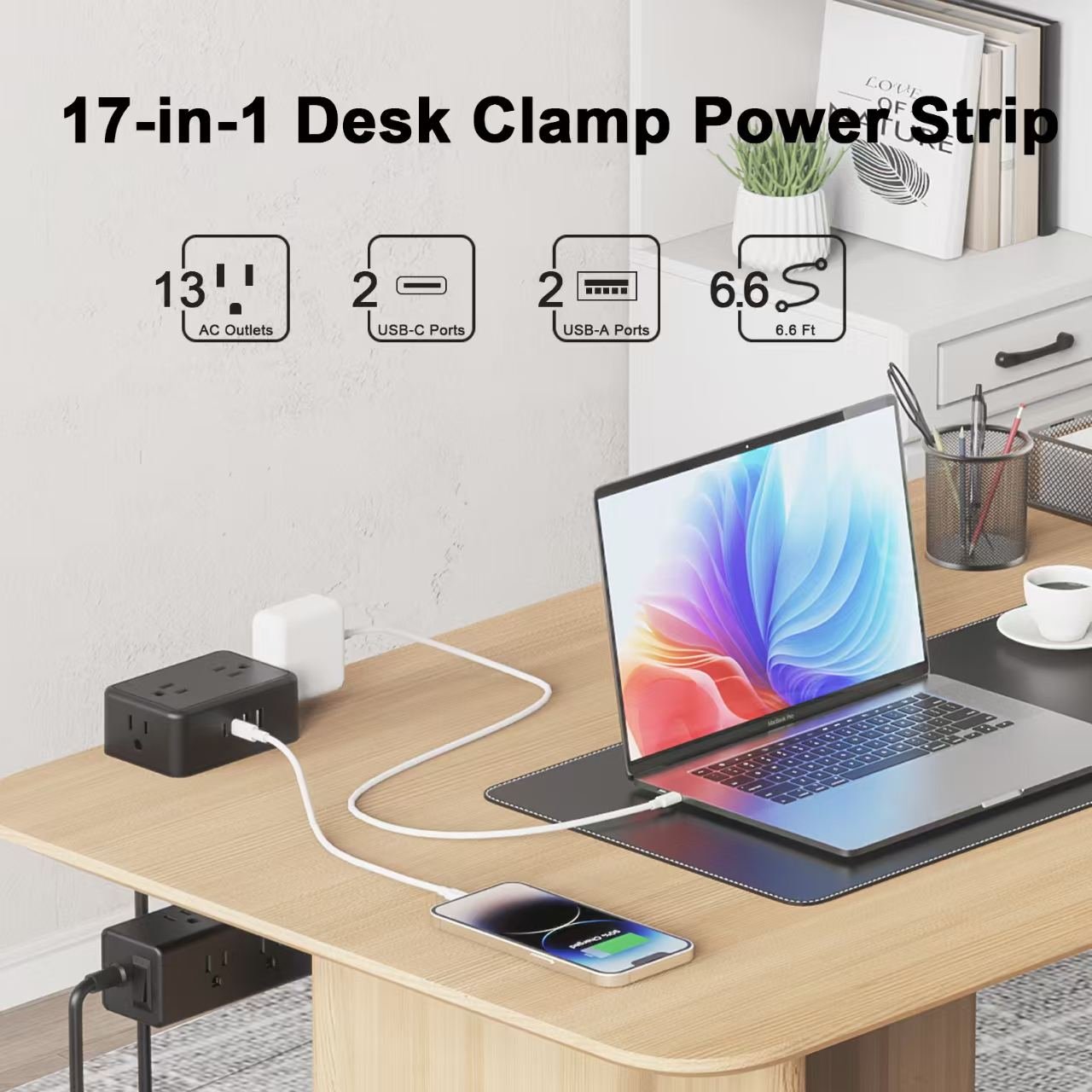 Dual-Layer Desktop Surge Protector – 13 AC Outlets & 4 USB Ports with 2 USB-C Ports - Image 3