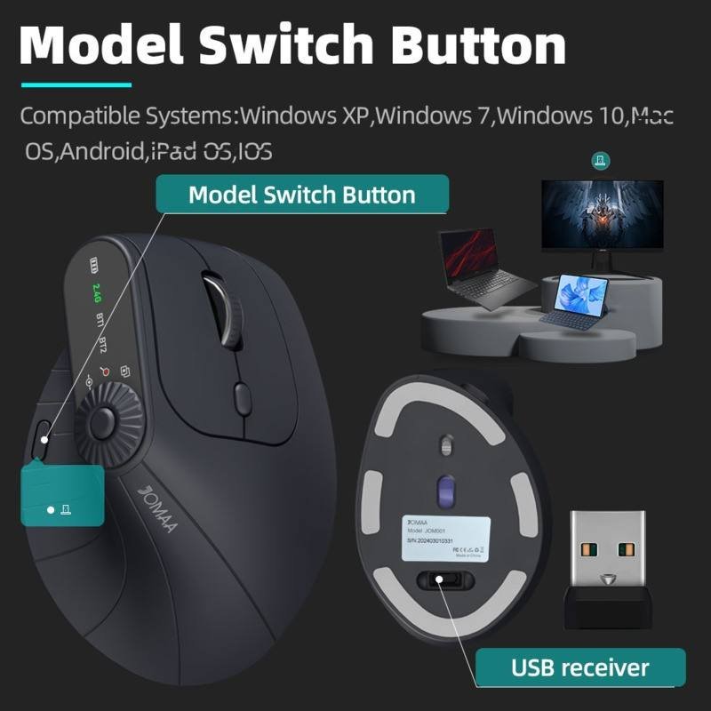 JOMAA Ergonomic Dual-Mode Wireless Mouse – 2.4G + Bluetooth, Silent Vertical Design - Image 3